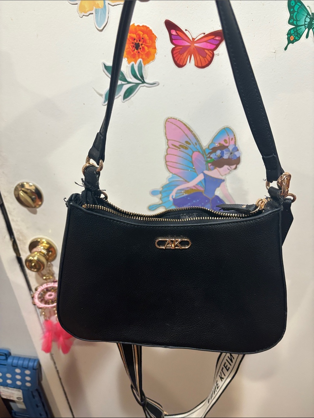 Anne Klein Black Crossbody Bag with Gold Logo